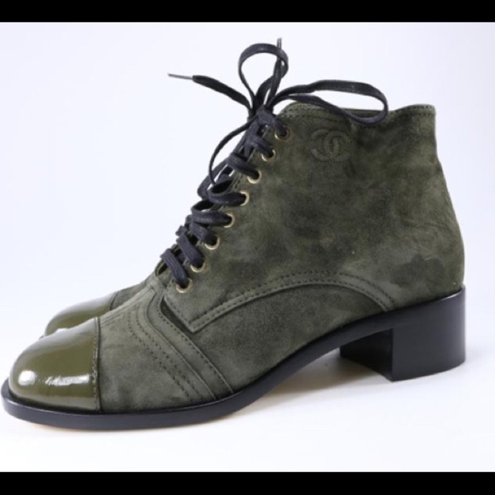 Chanel Green Olive Dark Suede Derby Ankle Boots